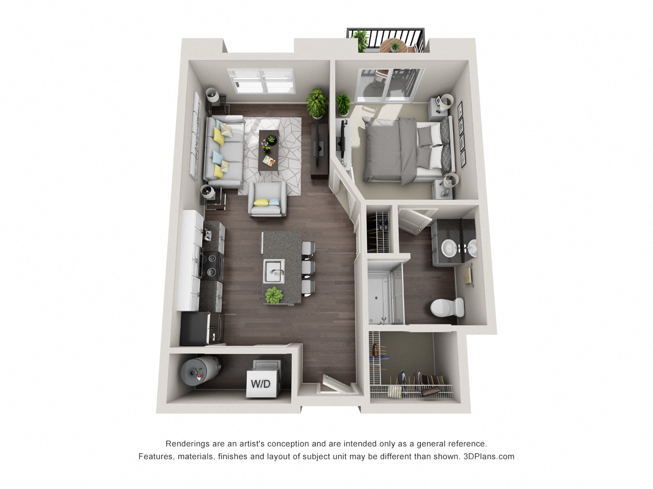 Floor plan for 1 bed, 1 bath, 673 sqft